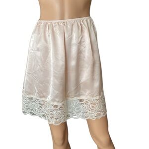 Vintage 60’s ms. leslee pink silky satin mini slip with imported lace bottom
